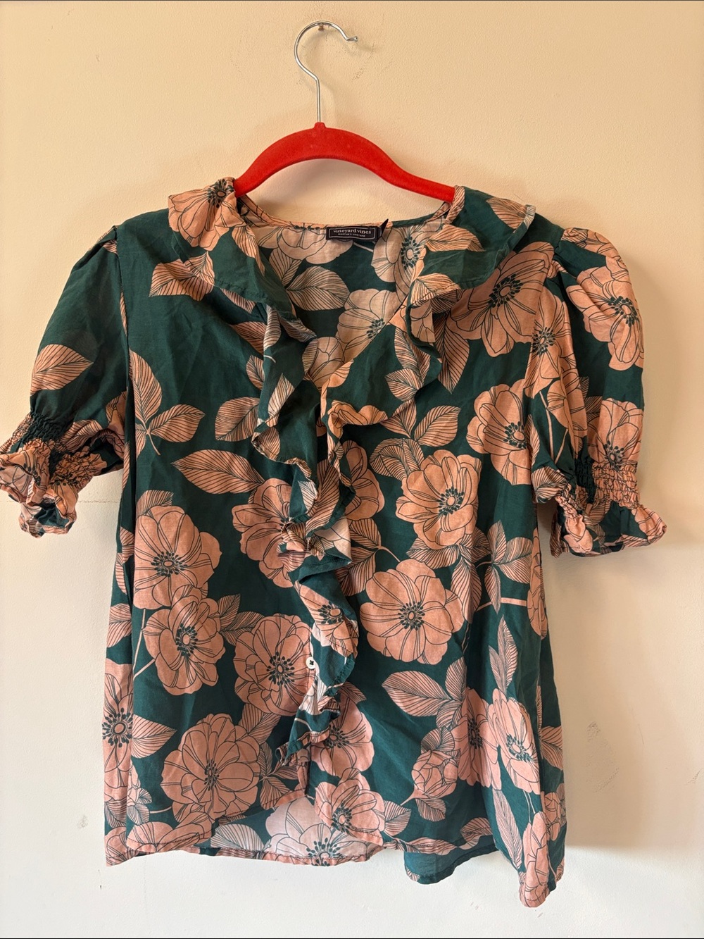 Vineyard Vines Green Blouse with Peach Floral Ruffle Front
